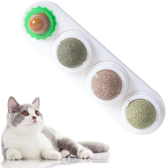 4 In1 Catnip Wall Balls for Cats, Cat Snack Catnip Ball Toys Natural Healthy Kitten Chew Toys Rotatable Indoor Cat Toy for Cat Teeth Cleaning Biting