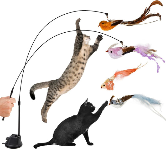 4 Birds and 2 Cat Wands Toy for Indoor Cat, Simulation Flying Bird Interactive Cat Toy Set for Indoor Cat,Strong Suction Cup Feather Interactive Cat Toy Indoor Cat Game for Kitten and Cat