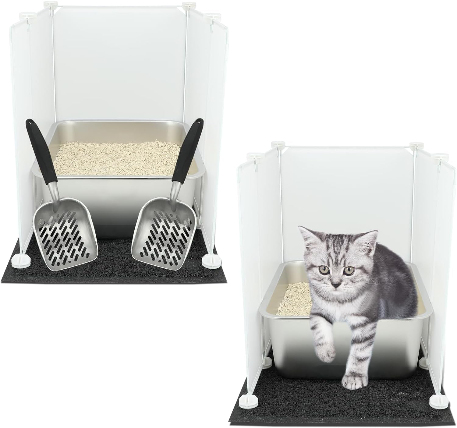 YUEPET 1 Set Stainless Steel Cat Litter Box with High Sides, Durable Metal Cat Litter Basin Pan Easy to Clean Cat Litter Tray for Odor Control with Cat Litter Scoops Cat Litter Mats 17.5"X13.6"X6"