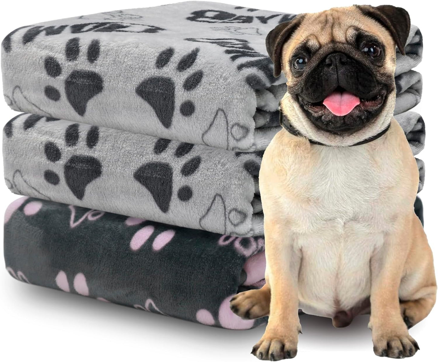 Dog Blanket, Grey Pink Flannel Fleece Blanket for Small Medium Dogs, Pet Puppy Blankets Gift for Kitten Cat, Cute Paw Print Blanket for Bed Cover, Couch, Crate, 41X31 Inch