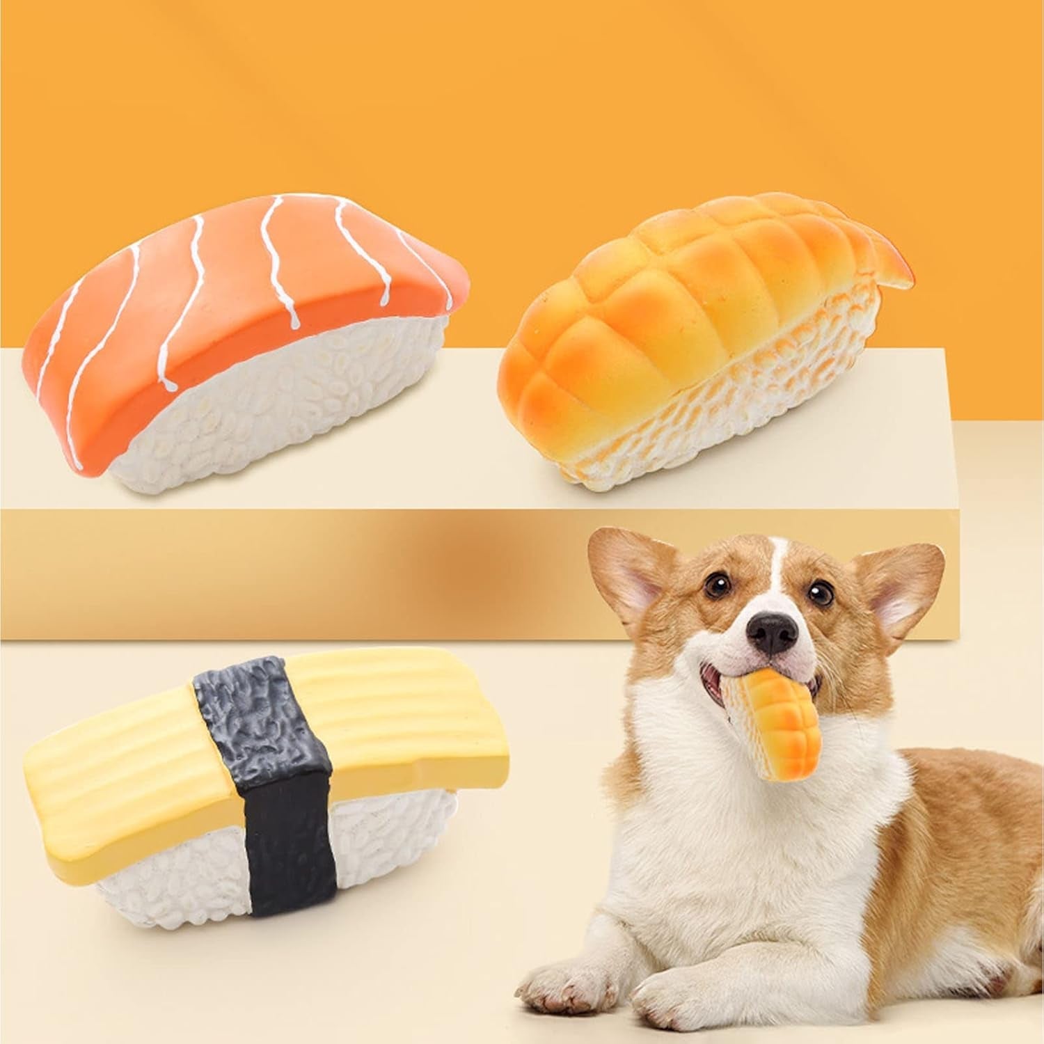 3Pack Sushi Shaped Dog Toy, Soft Latex Squeaky Toy Perfect for Small to Medium Dogs, Innovative Food Themed Canine Play Toys, Sushi Dog Toy Set