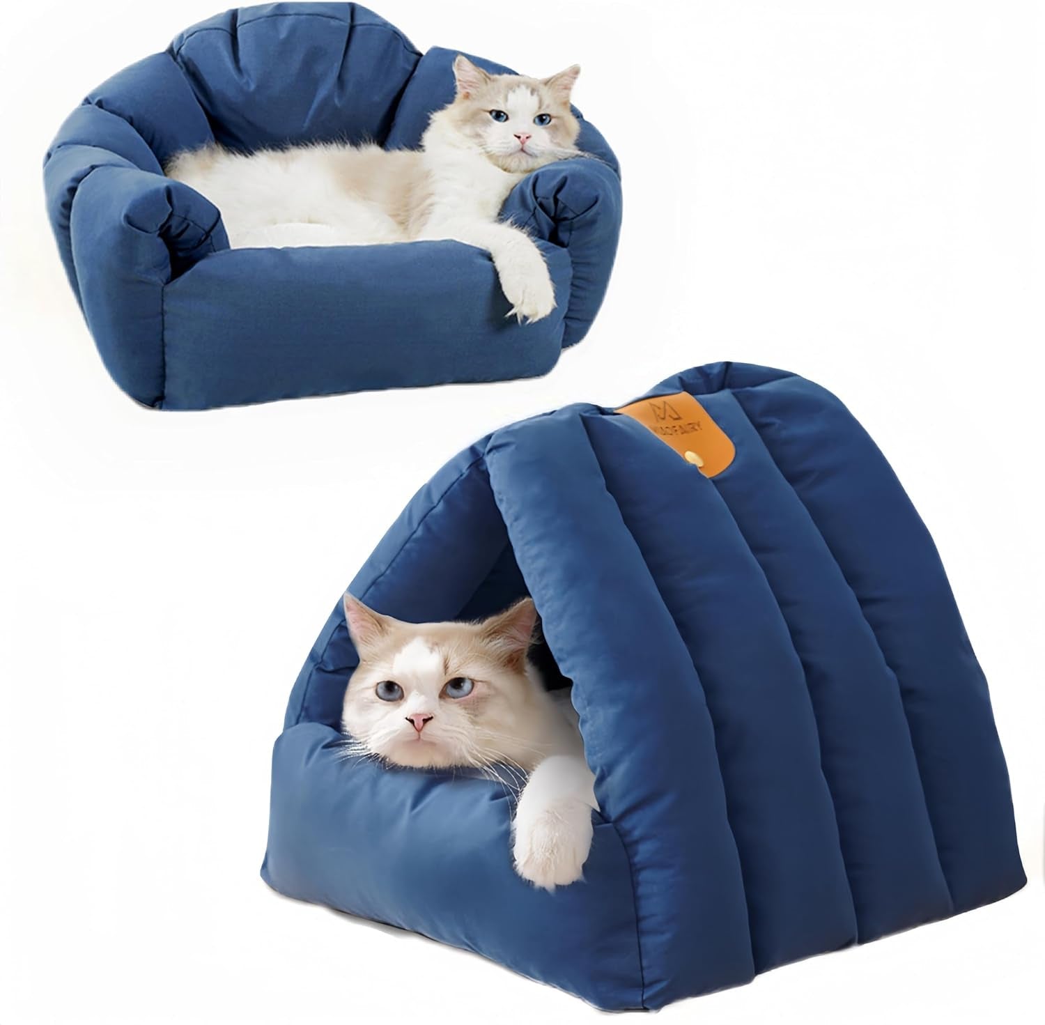 Cat Bed, Dual-Use Cat House, Cozy Enclosed Cat Tent with Cover, Hooded Cat Hut with Fluffy Removable Plush Cushion, Washable Pet Bed, Small Dogs, Puppy, Kitten, Rabbit, Warm for Winter, Blue