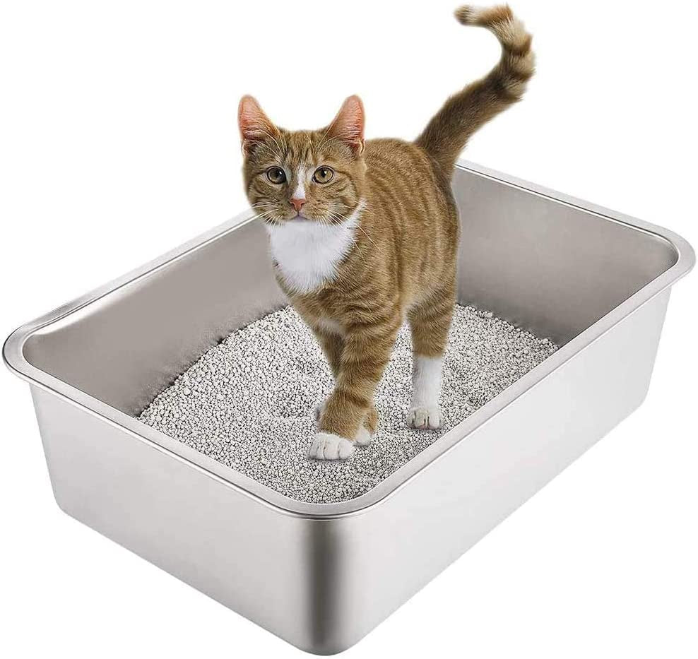 Yangbaga Stainless Steel Litter Box for Cat and Rabbit, Odor Control Litter Pan, Non Stick, Easy to Clean, Rust Proof, Large Size with High Sides and Non Slip Rubber Feets