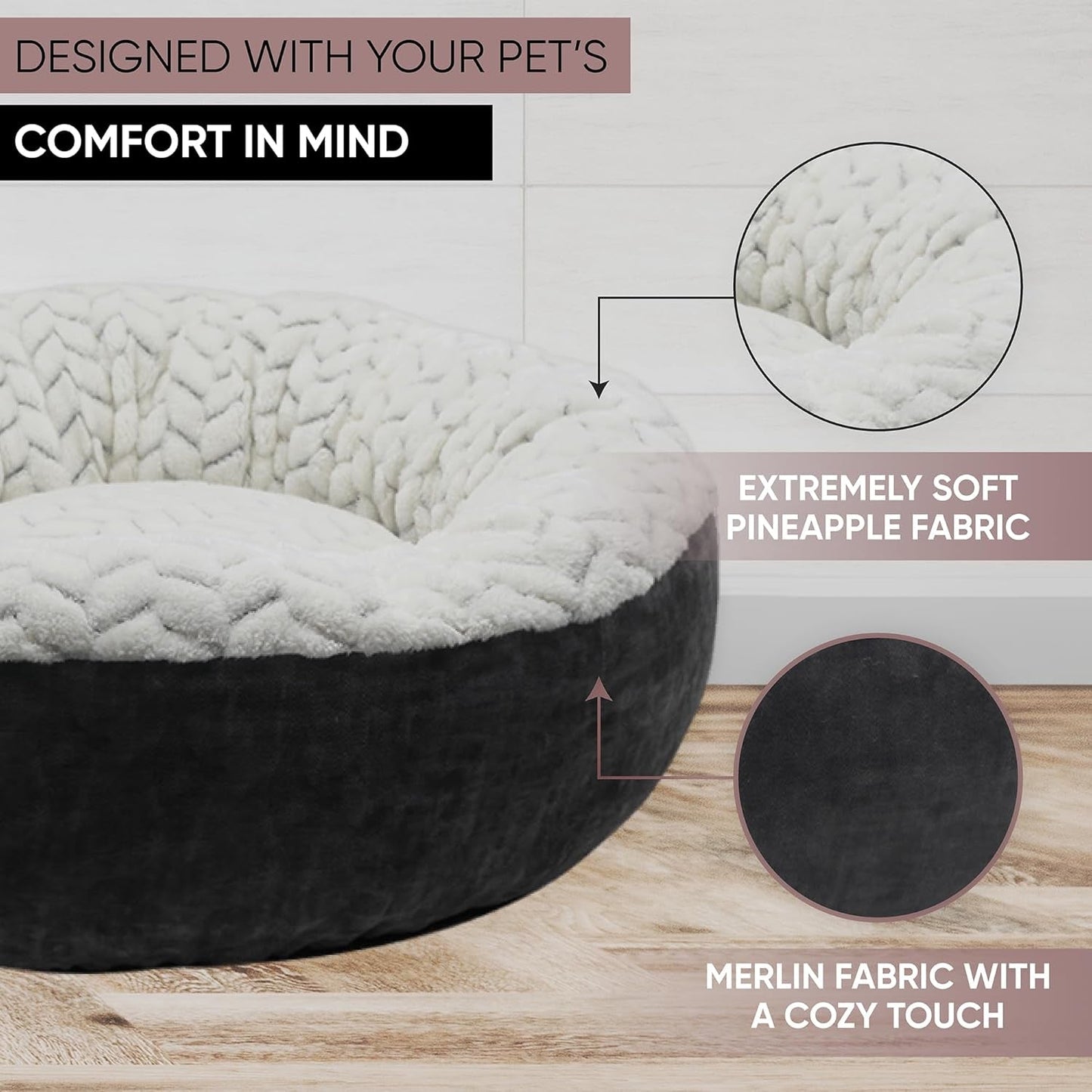 Calming Small Dog Bed & Cat Bed - Anti-Anxiety Bed - Cushioned Donut-Shaped Cats & Small Dogs – Extremely Soft, Breathable Fabric - Washable Pet Beds with Non-Slip Bottom (S. 20" White)