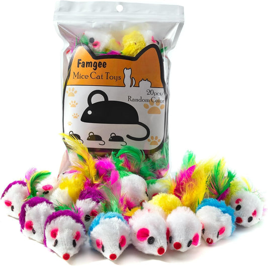 20 PCS Furry Cat Toys Squeak Mouse Rattle Mice Cat Catcher Pet Toys with Feather Tails (Random Color)