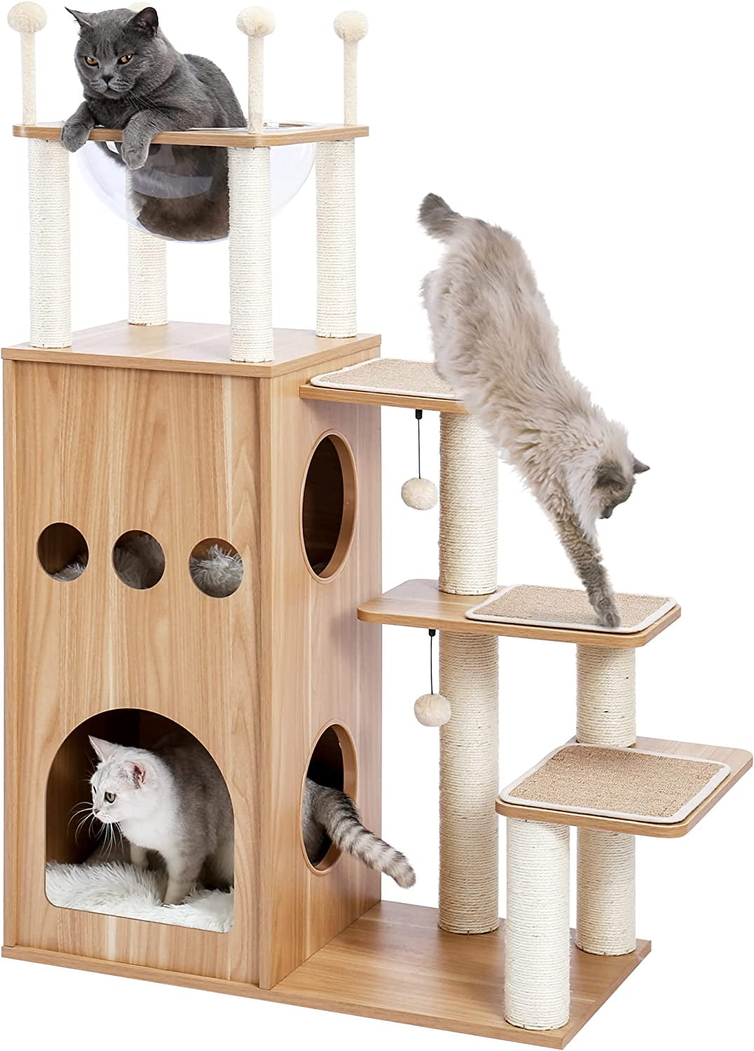 Made4Pets Cat Tree, Modern Cat Tree Tower for Indoor Cats - 65" Tall Wood Condo with Hammock, Scratching Post and Removable Pads for Small Large Cats