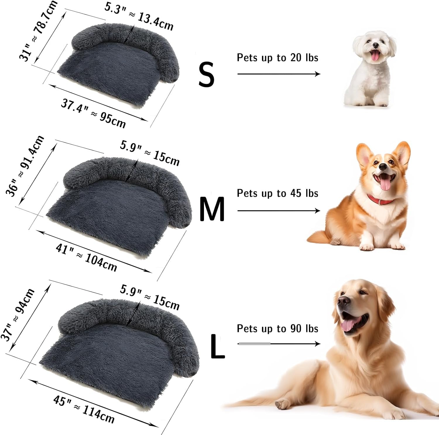 Dog Bed Mats Calming Fluffy Plush Sofa Bed for Pets Furniture Protector anti Anxiety Dog Bed Plush Long Fur Mat for Pets Waterproof Lining with Removable Washable (Dark Grey, 37.4" L X 31" W X5.3 Th)