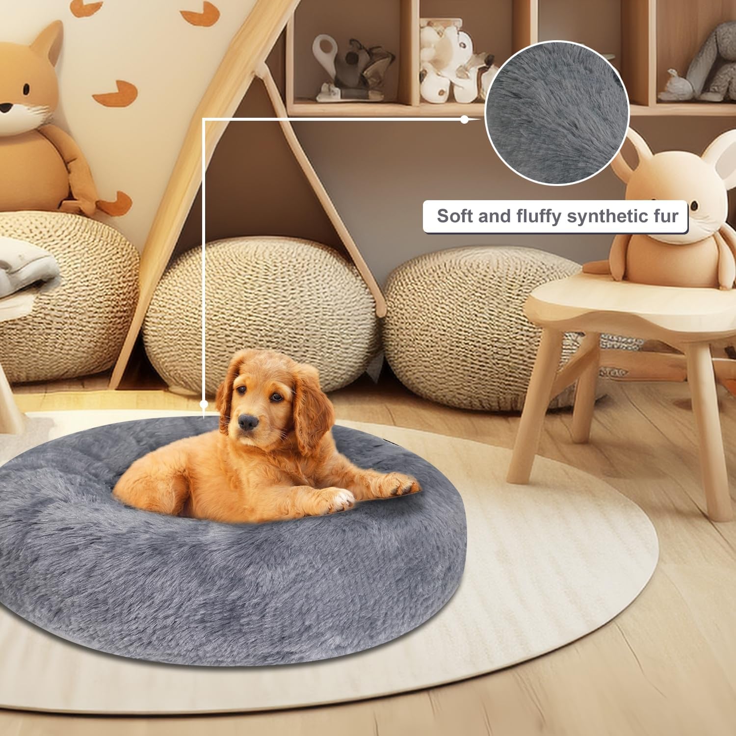 Calming Dog Bed & Cat Bed, Anti-Anxiety Donut Dog Cuddler Bed, Cozy Soft Warm Cat Dog round Bed, Fluffy Faux Fur Plush Cushion Pet Bed for Small Medium Dogs Cats (24", Navy Grey)