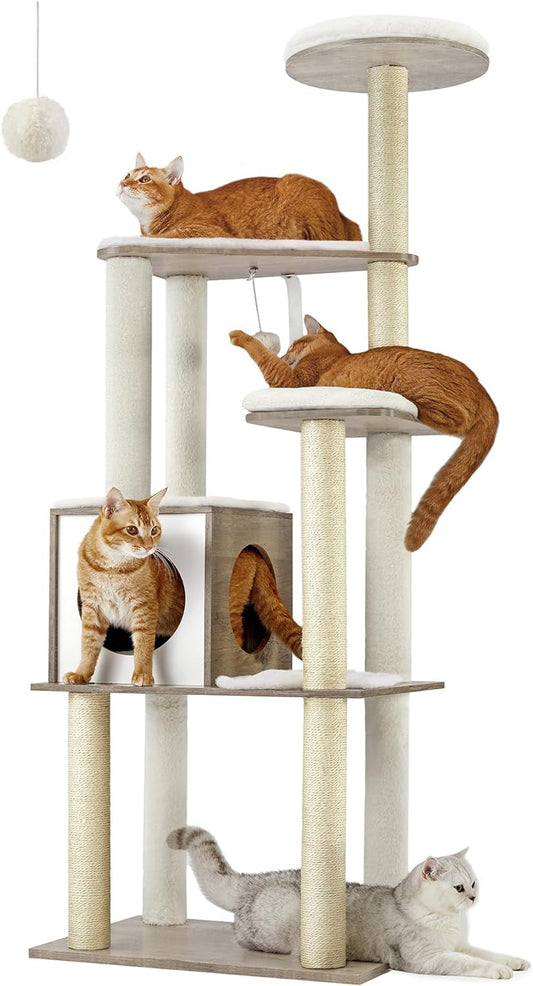 Feandrea Woodywonders Cat Tree, 65-Inch Modern Cat Tower for Indoor Cats, Multi-Level Cat Condo with 5 Scratching Posts, Perch, Washable Removable Cushions, Cat Furniture, Greige UPCT166G01