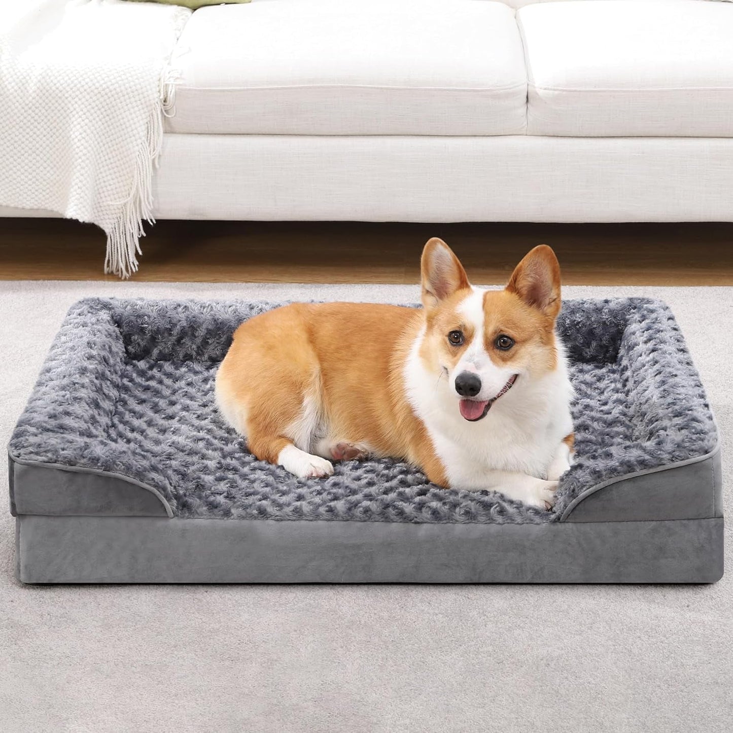 KSIIA Orthopedic Dog Beds Large Sized Dog Couch Waterproof Dog Bed Washable Dog Bed Egg Foam Pet Bed with Removable Bolster & Nonskid Bottom Large Dog Bed XL Dog Bed Sofa 41 X 27 X 7 Inch, Grey