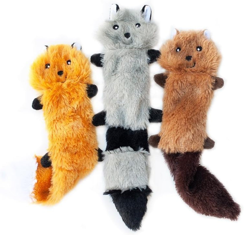 Zippypaws Skinny Peltz - Fox, Raccoon, & Squirrel - No Stuffing Squeaky Dog Toys, Unstuffed Chew Toy for Small & Medium Breeds, Bulk Multi-Pack of 3 Soft Plush Toys, Flat No Stuffing Puppy Toys - 11"