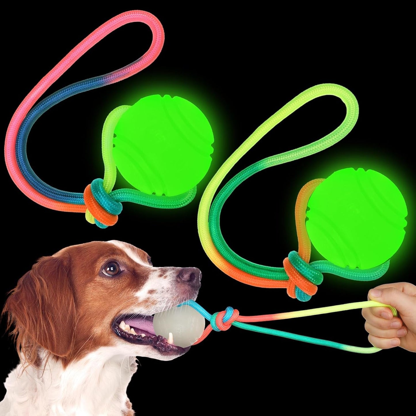 2 Pcs Dog Training Ball on Rope Glow in the Dark Dog Ball 2.36 Inch Dog Rope Toys with 12 Inch Rope for Small Large Medium Dogs Glowing Interactive Dog Pull Reward Fetch Exercise Ball Toy