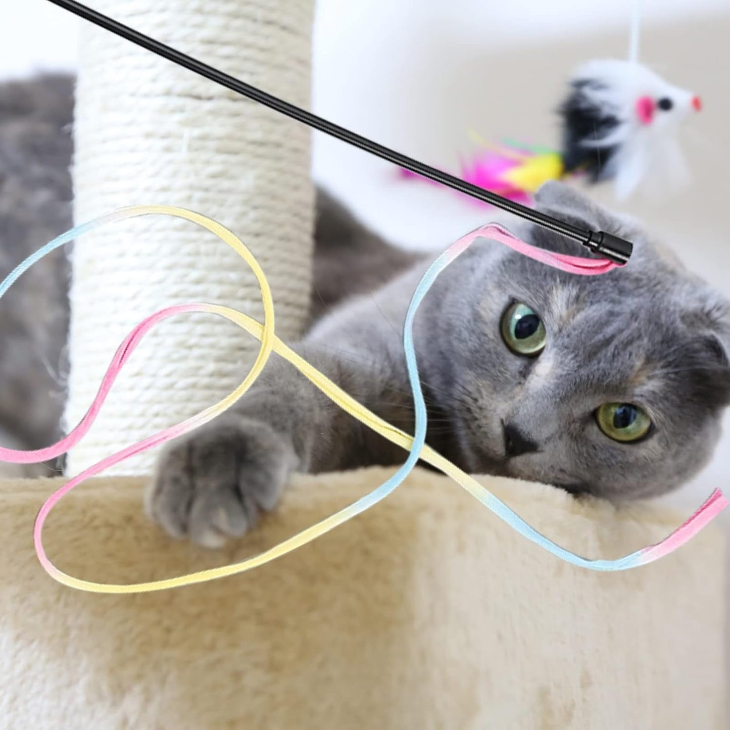 2 Pieces Interactive Cat Rainbow Wand Toys, Kitten Ribbon Toys, Colorful Cat String Teaser Wand - Pet Ribbon Dance Charmer for Cats Kittens Indoor Training Exerciser, Cats Toys for Strengthen Relation