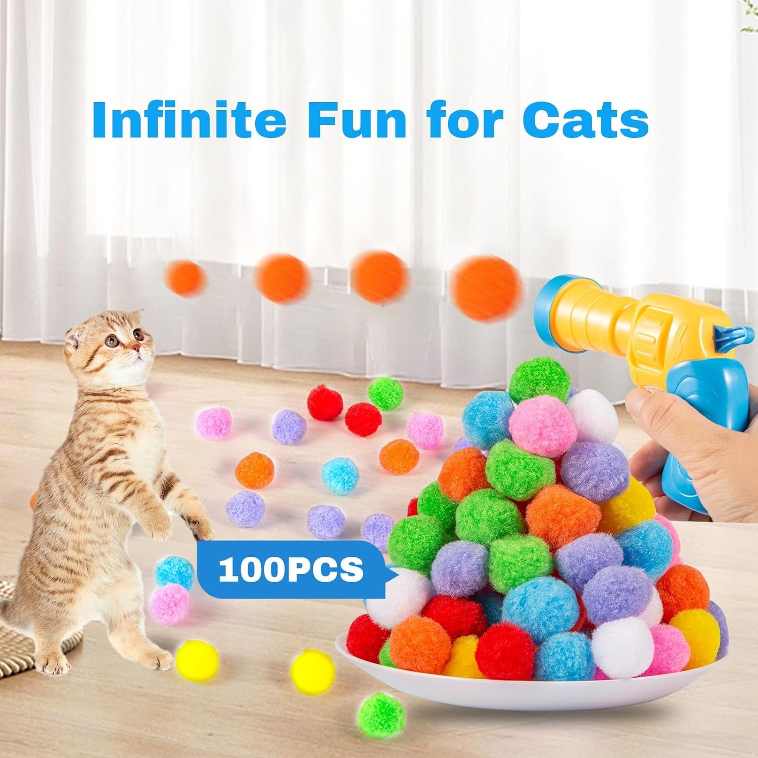 4 Pcs Cat Ball Launchers with 100 Pcs Cat Toy Balls, Cat Toy Gun Launcher, Cat Fetch Toy Gun Shooter, Kitten Toys for Indoor, Plush Ball Shoot Gun for Kitty