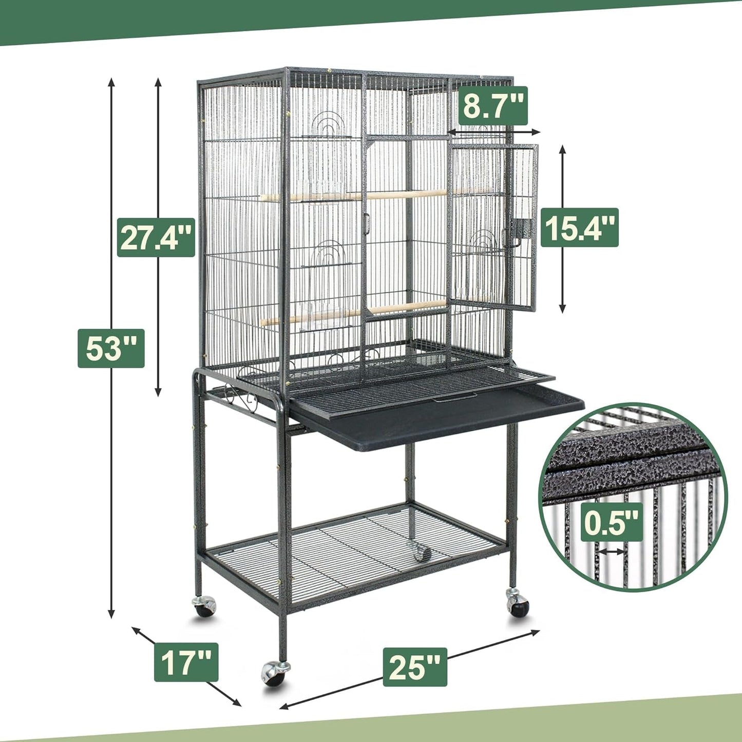 ZENY 53-Inch Bird Flight Cage, Wrought Iron Standing Large with Rolling Stand for Cockatiels Pet Parrot Parakeet Lovebird Canary Finch (Black)