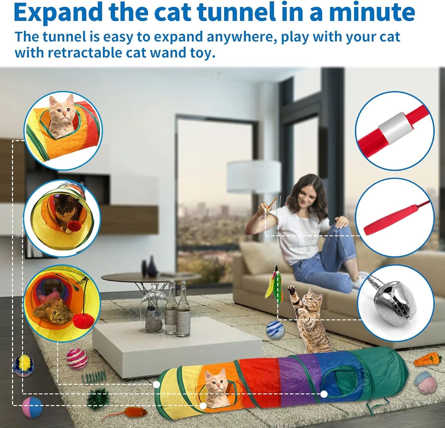 13Pcs Cat Tunnel with Feather Toy Set, 1Pc Premium Cat Wand Feather, 1Pc Cat Tunnel and 11 Pcs Cat Toys for Indoor Cat