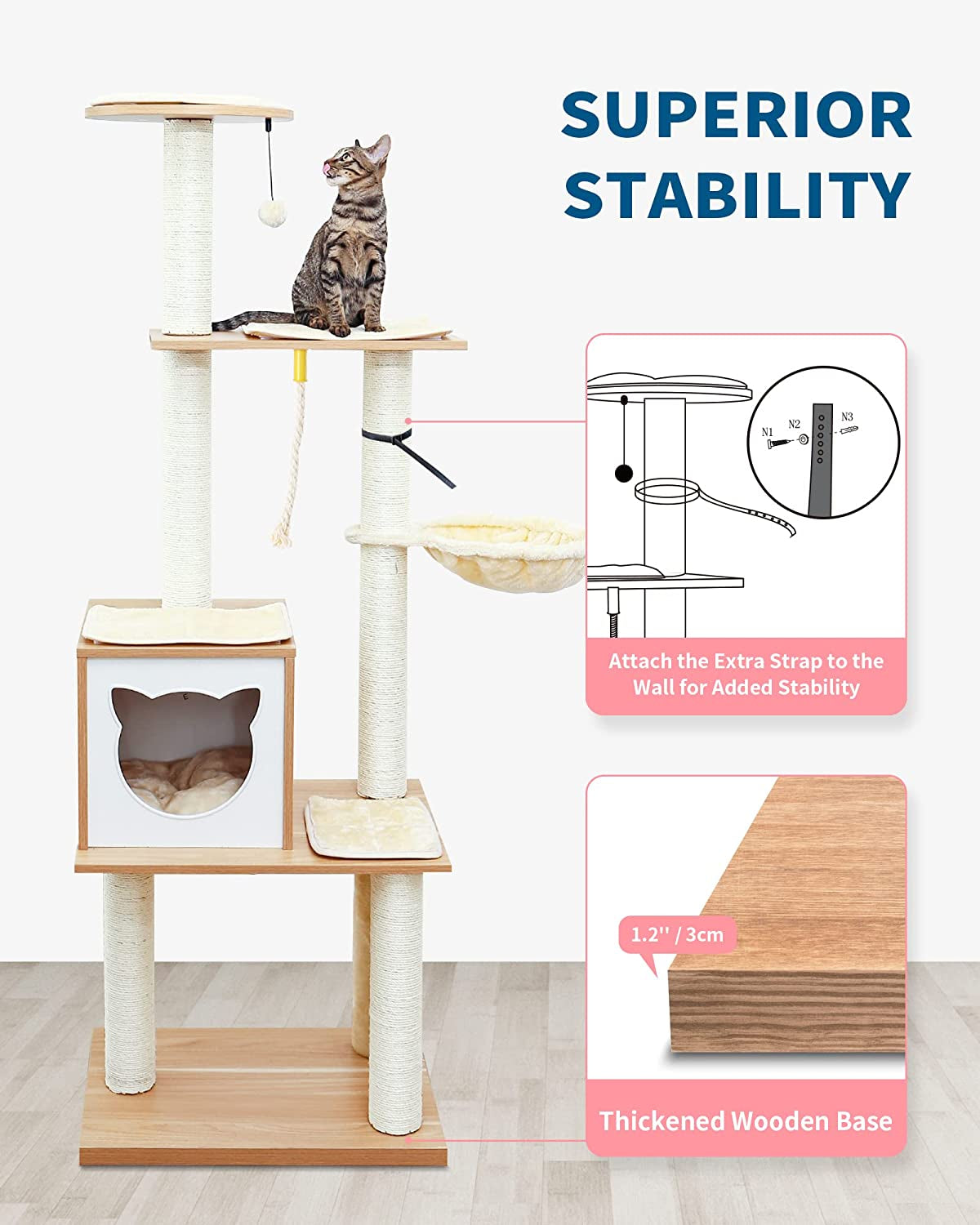 Made4Pets Cat Tree, Modern Cat Tree Tower for Indoor Cats - 65" Tall Wood Condo with Hammock, Scratching Post and Removable Pads for Small Large Cats