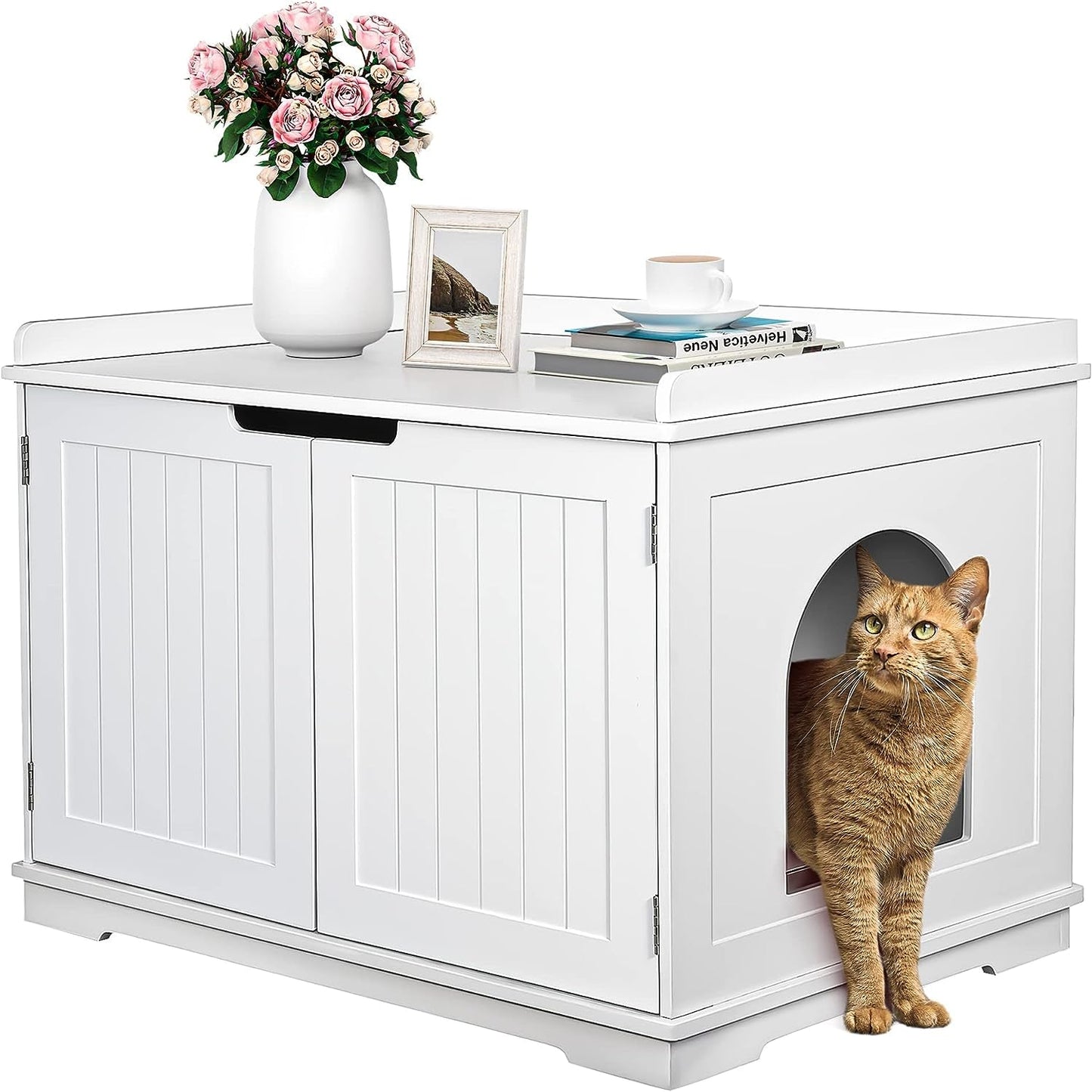 ZENY Cat Litter Box Enclosure, Cat Litter Box Furniture Hidden, Wooden Cat Litter Cabinet with Divider, Modern Cat Washroom Storage Bench，Fit Most of Litter Box, Gray