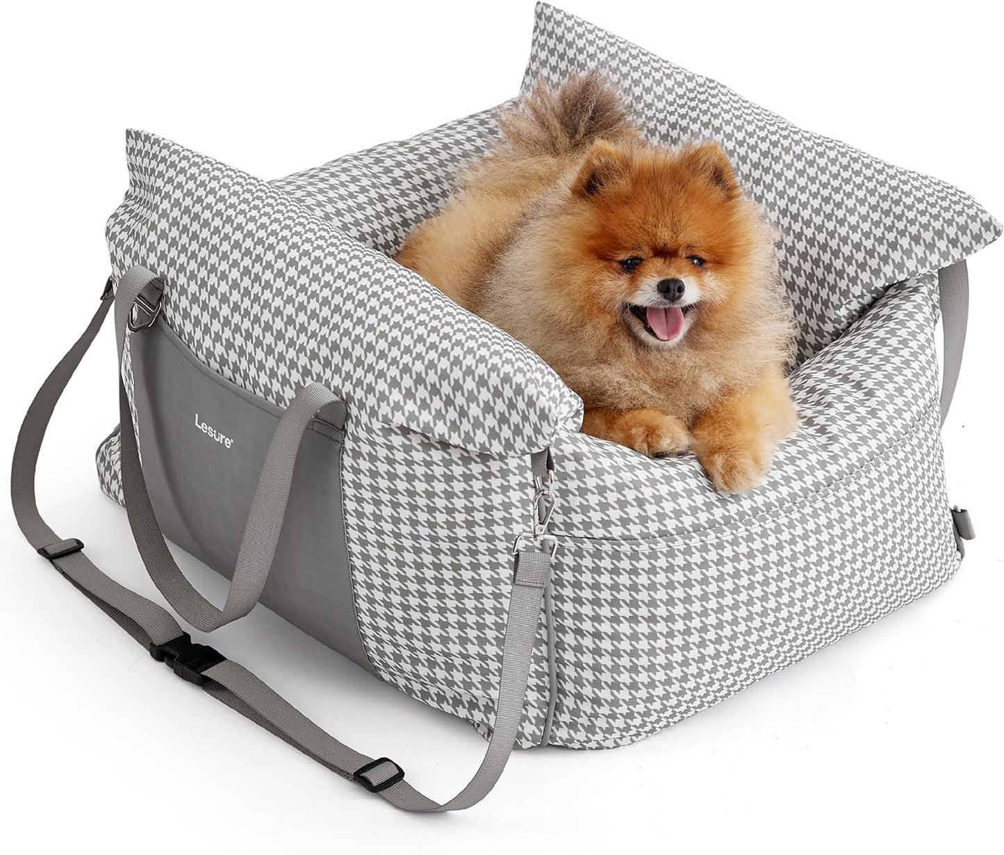 Lesure Small Dog Car Seat for Small Dogs - Sherpa Dog Booster Seat for Car with Storage Pockets and Clip-On Safety Leash and Thickened Memory Foam Filling, Puppy Travel Carrier Bed, Espresso