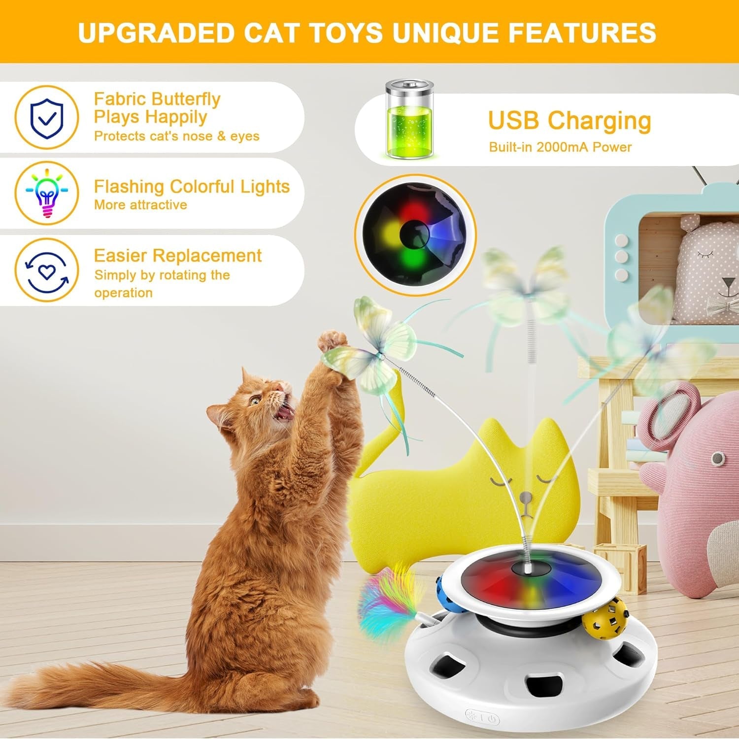 4 in 1 Cat Toys Rechargeable with 2000Mah Battery, Interactive Cat Toys for Indoor Cats, Track Balls Kitten Toy, Fluttering Butterfly, Electronic Whack a Mole for All Breeds