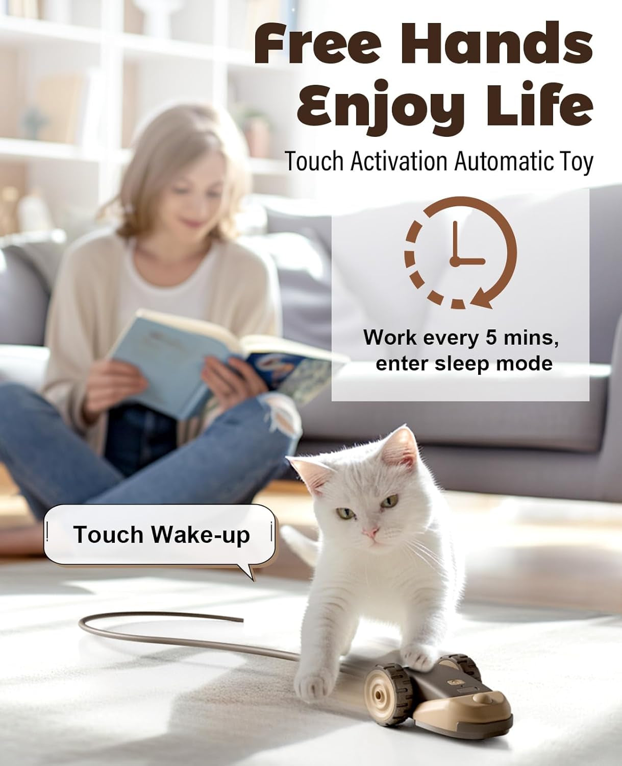 3-In-1 Interactive Cat Toy - 2-Speed Automatic Moving Mouse Cat Toys Self Play with 2Pcs Hanging Feather String Ribbon and Wiggly Silicone Mice Tail for Bored Indoor Adult Cats Kittens