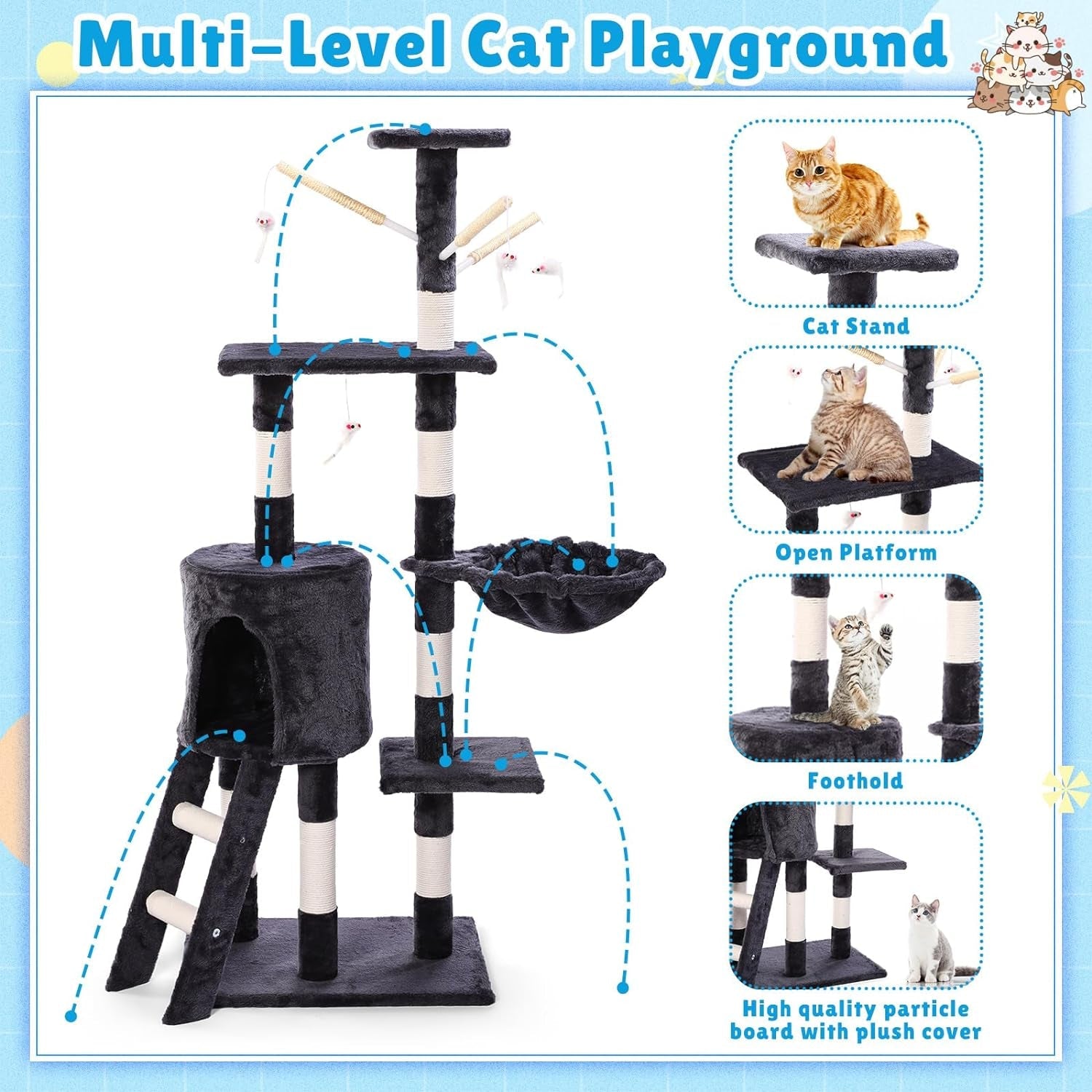 2 Pack Cat Tree, 54.3" Cat Tree Tower for Indoor Cats, 5 Floor Tall Velvet Cat Tree Tower Modern Cat Activity Center Play Tower with Cat Condo Perches Hammock Scratching Posts Funny Cat Stick