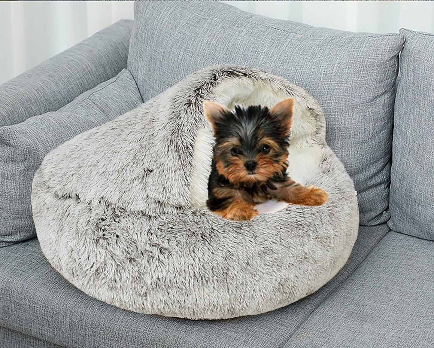 Dog Cave Bed for Small Dogs Cats Pets, anti Anxiety Calming Plush Dog Beds, Fluffy Covered Hooded Cozy Burrow Puppy Beds, Anti-Slip Bottom Washable Pet Sleeping Bag (20" D, Coffee)