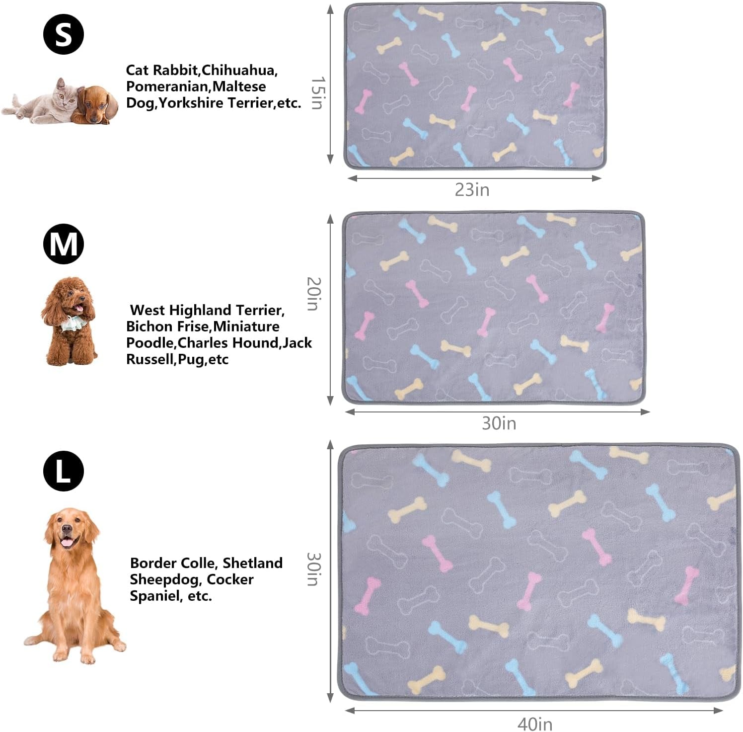 1 Pack 3 Dog Blankets Super Soft Puppy Blankets Fluffy Premium Fleece Pet Blanket for Small Dogs Puppy Cat Bone Series-Grey/Orange/White Large(40"X30")