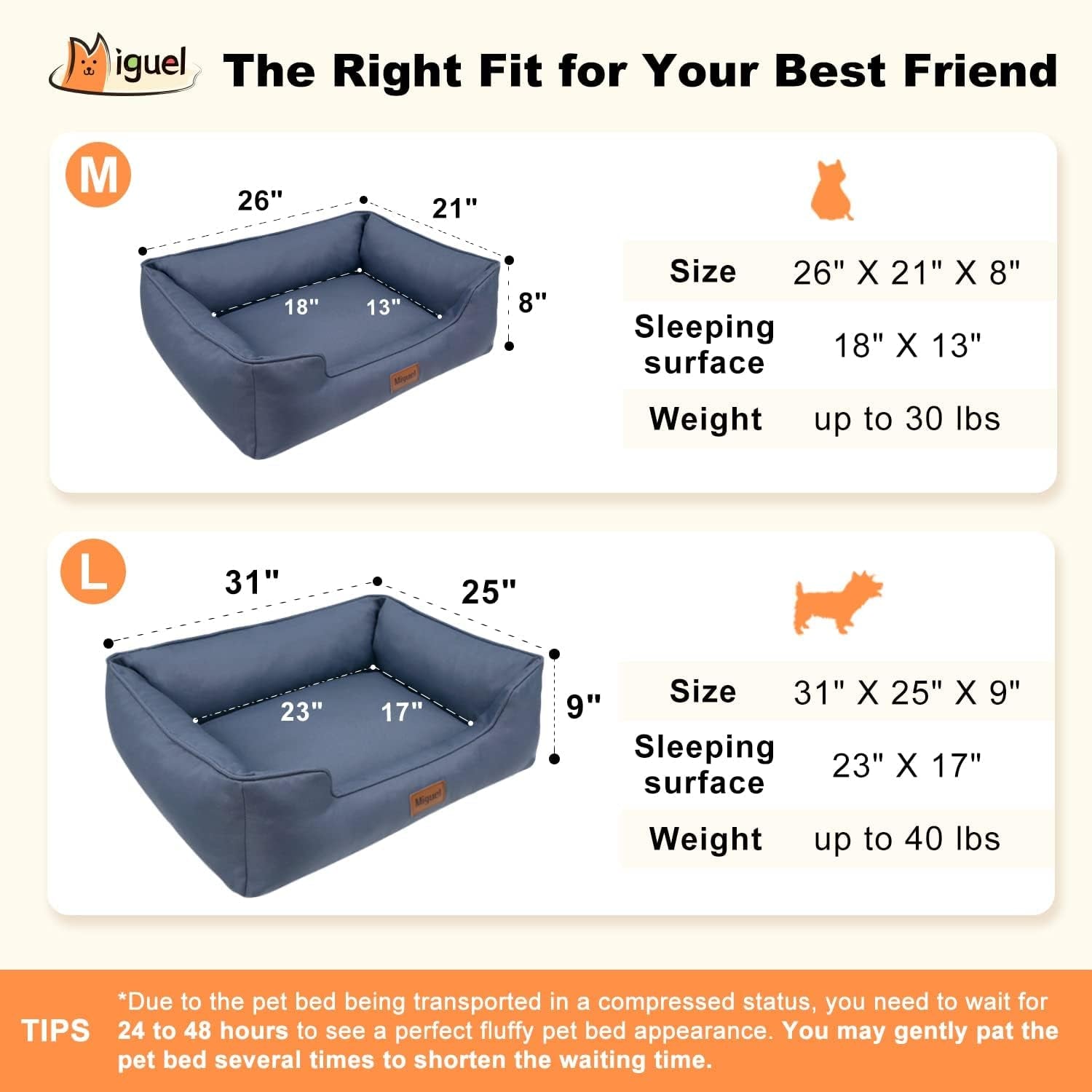 Miguel Waterproof Outdoor Dog Bed for Medium Small Dogs, Oxford Pet Bed Tough with Sides Easy Clean, All Weather Rectangle Puppy Bed with Removable Cover Bolster Bed Scratch Resistant, 30 Inches