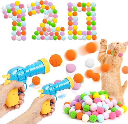 2 Pack Cat Ball Launcher with 120 Pcs Cat Pom Pom Balls Interactive Cat Ball Launcher for Indoor Cats Cat Toys for Play and Training Indoor Cats DIY Set Colorful and Furry Cat Balls