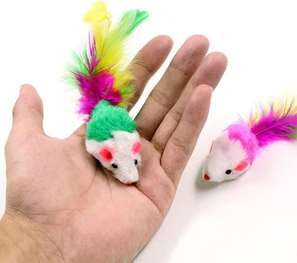 10 Furry Pet Cats, Toy Mice, Cat Toy Mice, Cat Pet Toys, Feather Tails, Interactive Cat Toys for Indoor Cats and Kittens (10 Feather Mice)