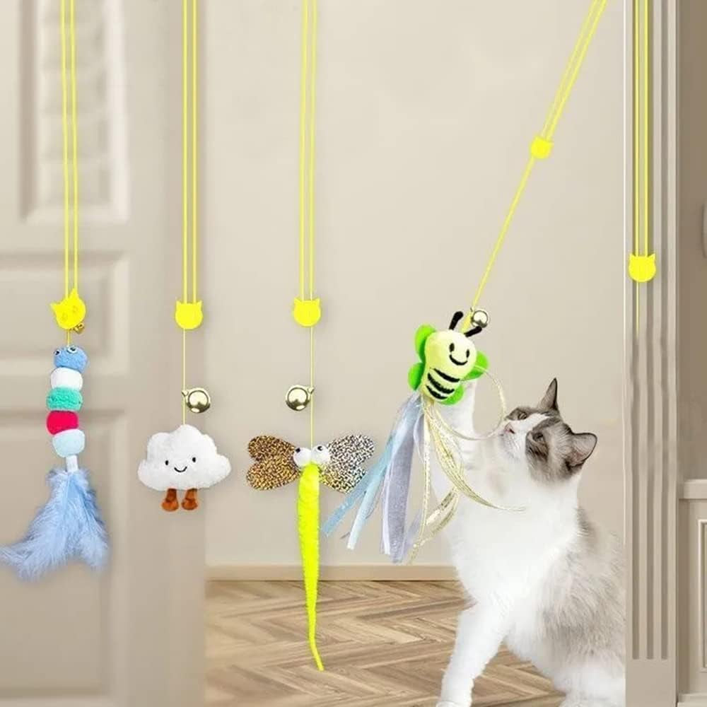 4 Pc Over-The-Door Cat Toys, Indoor Kitten Jump Exercise Toys, Interactive Elastic Rope Cat Teasers, Catnip Feather Mice Animal Toys