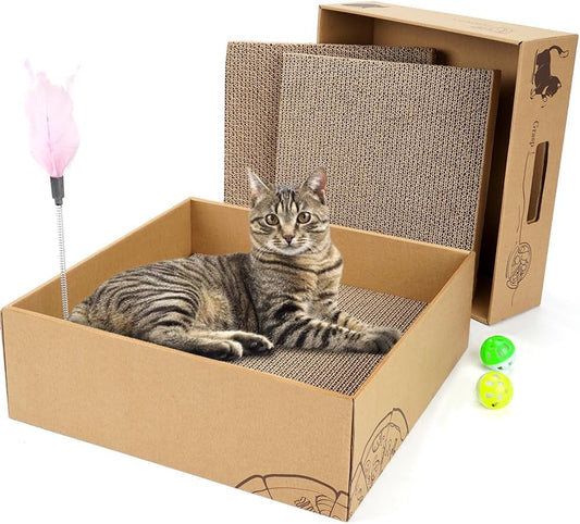 2 Pack Cat Scratcher Box with 3 PCS Scratching Pads, Reversible Corrugated Cardboard Lounge Bed with Feather Toy and Balls Recyclable Cat Scratcher Cardboard for Indoor Cats