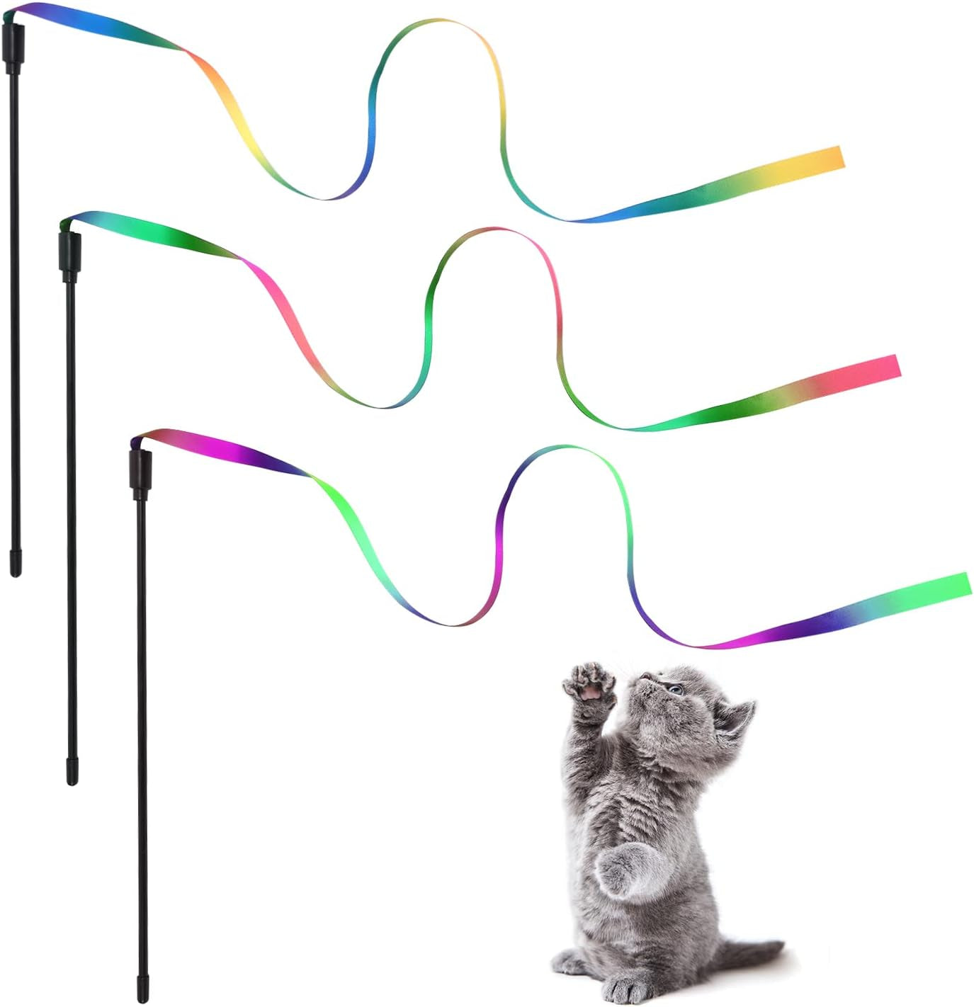 3Pcs Interactive Cat Wand Toys, Rainbow Colorful Cat Wand Toys Colorful Cat Interactive Toys Ribbon String Charmer Stick for Cats Kittens