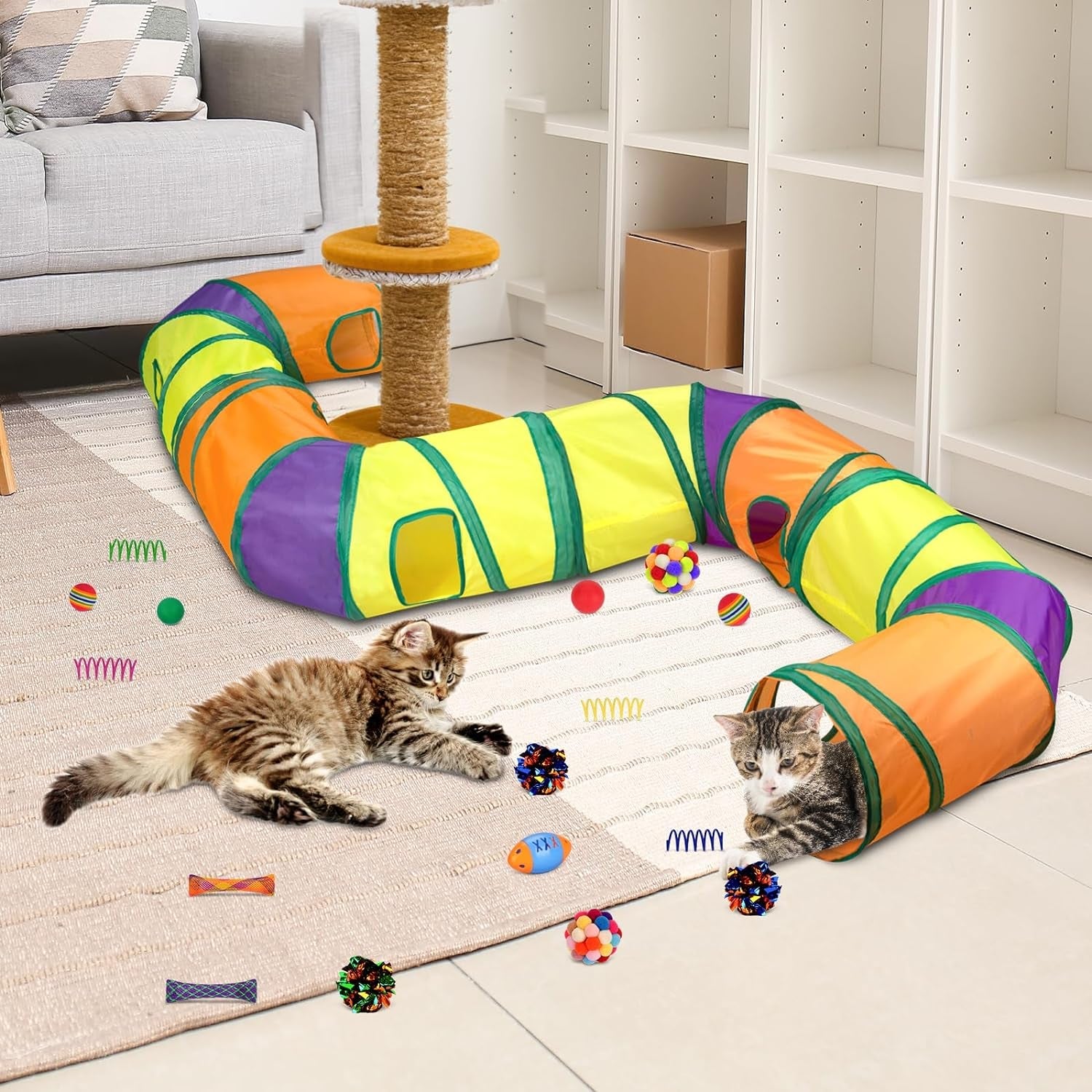 25 Pcs Cat Toys Set,Kitten Toys for Indoor Cats,Collapsible Cat Tunnel Tubes Interactive Feather Teaser Wand Toy for Kitten Cats Springs Mouse Crinkle Toys Rainbow Football Cat Ball with Bell Toy