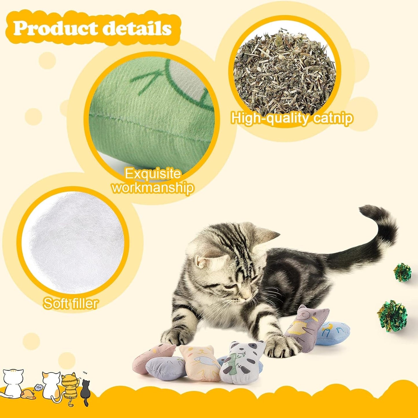 12 Pieces Catnip Toys for Indoor Cats Soft Kitten Teething Toys Plush Cat Chewing Toy Interactive Cat Toys Cat Kicker Toys with Cat Crinkle Balls Kitten Foil Balls