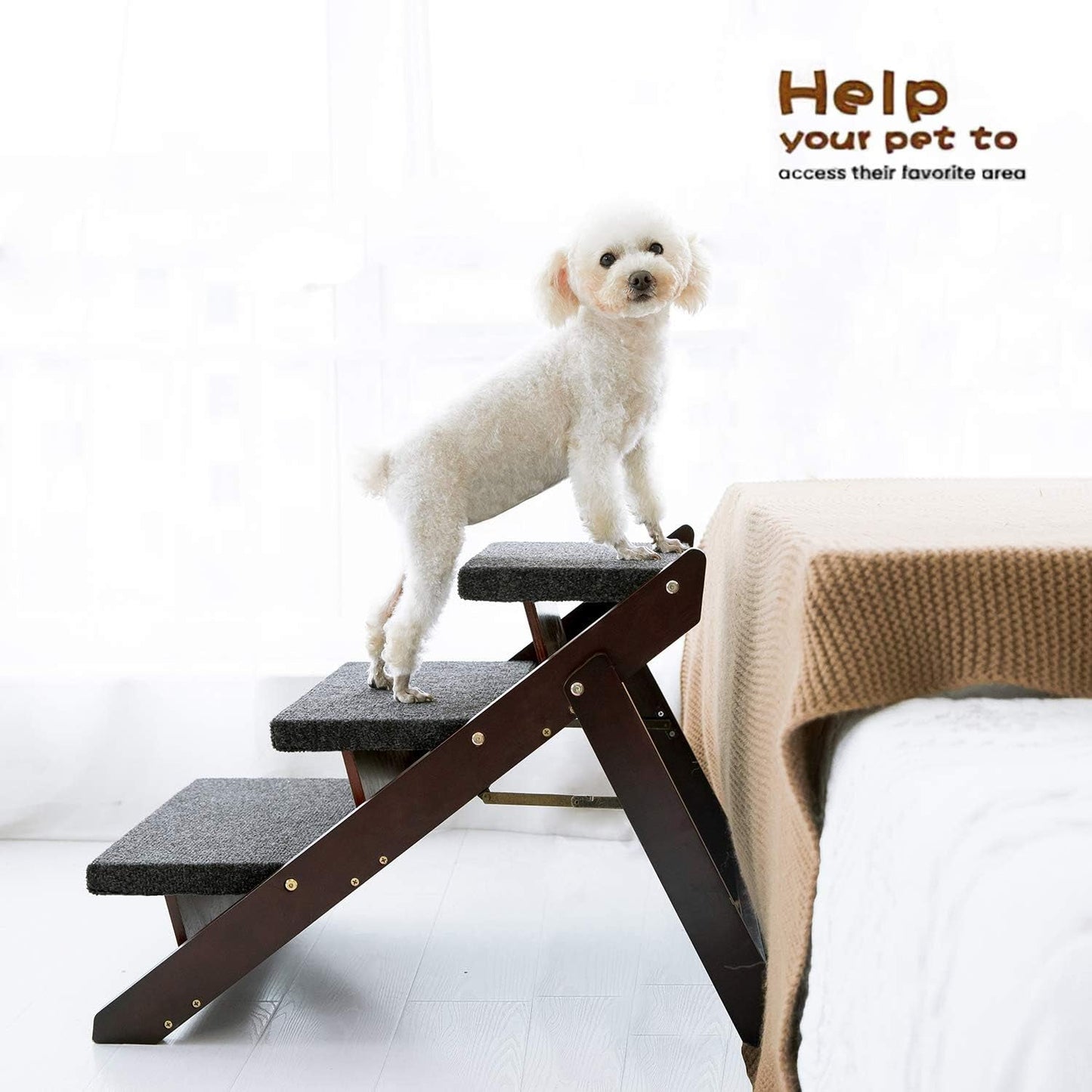 MEWANG Wooden Pet Stairs/Pet Steps - 2-In-1 Foldable Stairs & Ramp for Beds and Cars - Portable Dog/Cat Ladder up to 110 Pounds - Great for Small and Older Animals(Brown)