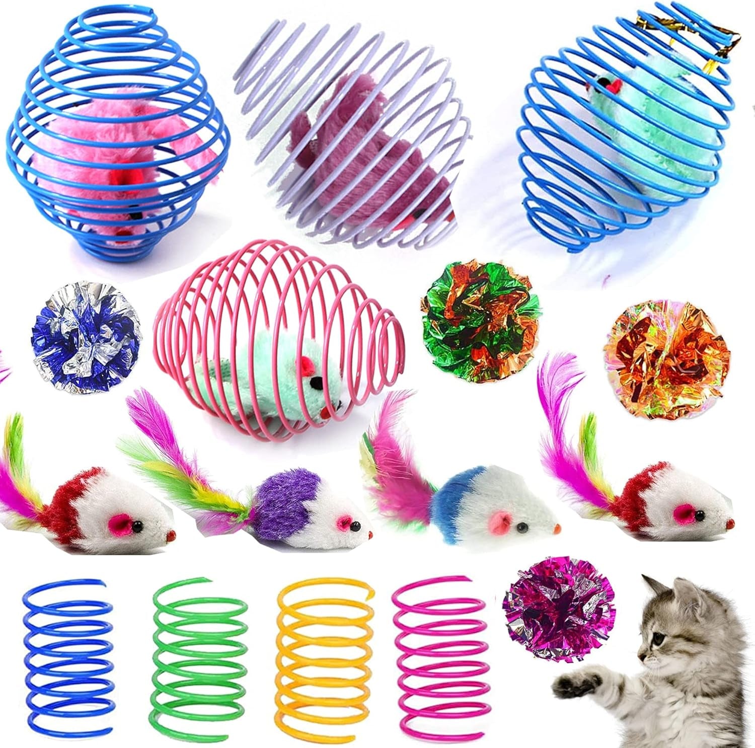 16 Pack Assorted Cat Metal Spring Balls Stretchable Large Cat Spiral Toy Cat Crinkle Balls Interactive Kitten Rolling Balls Coils Spring inside Caged Rats Pet Supplies Indoor Outdoor Cats