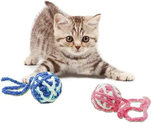 2PCS Colorful Cat Play Ball Long Tails Interactive Built-In Rings Animal Funny Fuzzy Kitten Wool Ball Rope Chewing Training Toys