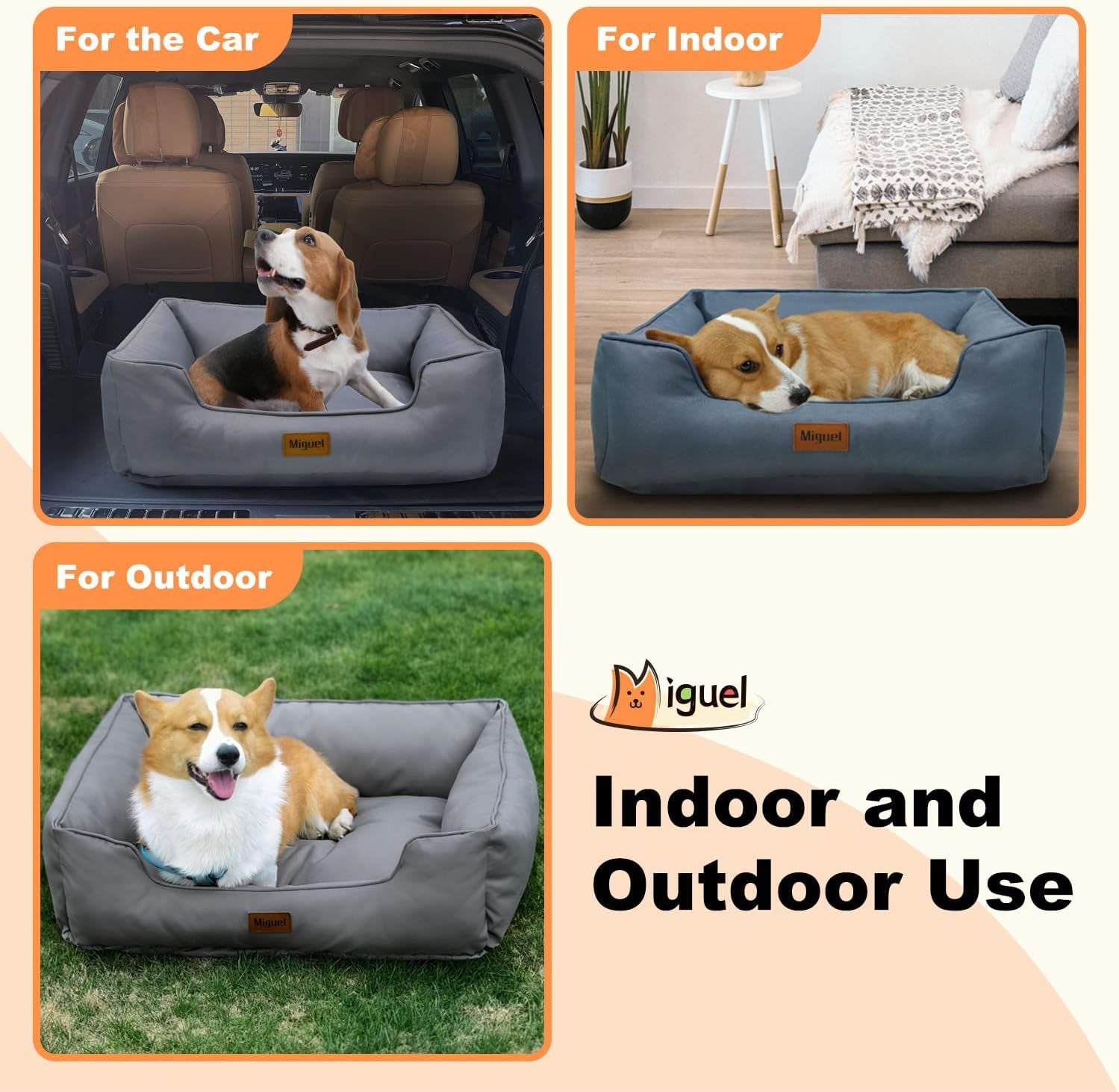 Miguel Waterproof Outdoor Dog Bed for Medium Small Dogs, Oxford Pet Bed Tough with Sides Easy Clean, All Weather Rectangle Puppy Bed with Removable Cover Bolster Bed Scratch Resistant, 30 Inches