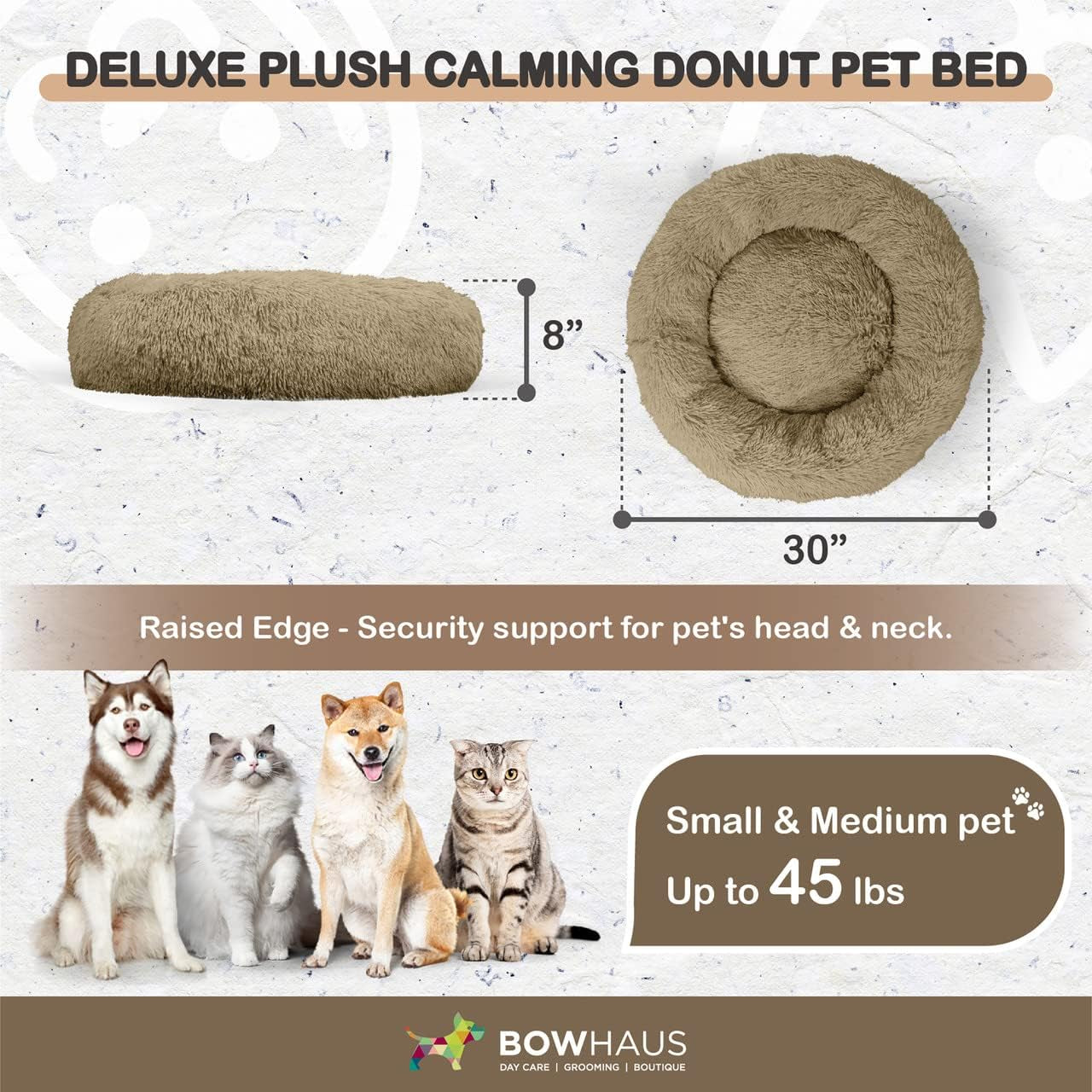 24/30 Inch Calming Donut Pet Bed for Small/Medium Cats and Dogs, Anti-Slip Bottom, Washable, Anti-Anxiety Fluffy round Cat Bed, Indoor Shaggy Cuddler Cotton Candy Brown, Light Gray, Pink Bed