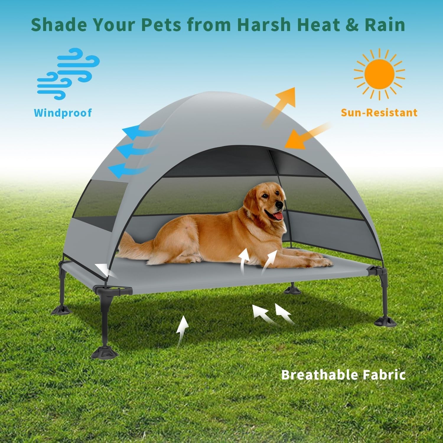 Elevated Dog Bed with Canopy, Raised Outdoor Dog Cot with Stable Anti-Slip Feet, Pet Bed with Removable Canopy Shade Tent, Dog Bed for Large Dog Indoor Outdoor (Grey, 42.0" L X 30.0" W X 33.0" Th)