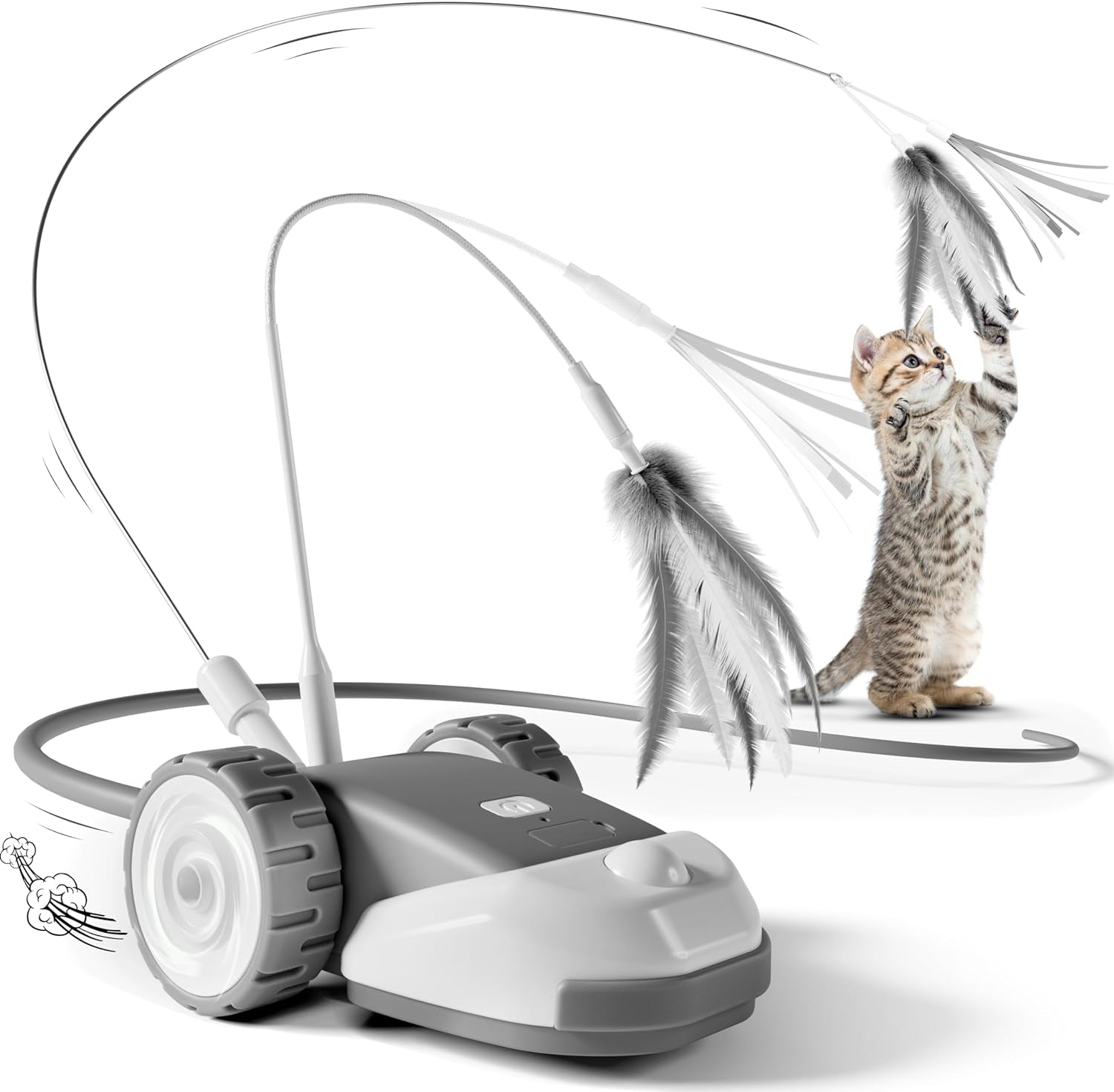 3-In-1 Interactive Cat Toy - 2-Speed Automatic Moving Mouse Cat Toys Self Play with 2Pcs Hanging Feather String Ribbon and Wiggly Silicone Mice Tail for Bored Indoor Adult Cats Kittens