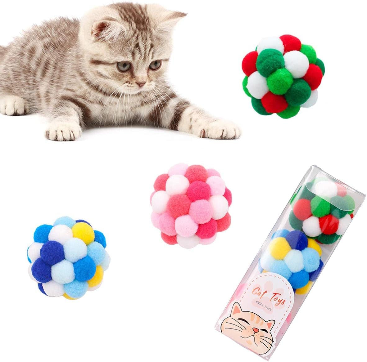 3PCS Cat Pom Pom Balls Cat Toys for Indoor Cats Balls Pompom Balls Cat Interactive Ball with Bells (Green)