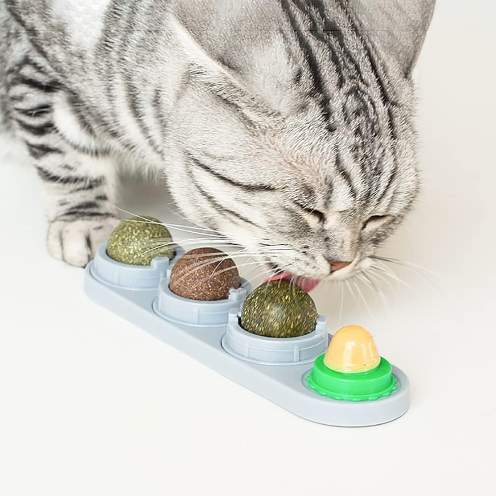 4 In1 Catnip Wall Balls for Cats, Cat Snack Catnip Ball Toys Natural Healthy Kitten Chew Toys Rotatable Indoor Cat Toy for Cat Teeth Cleaning Biting