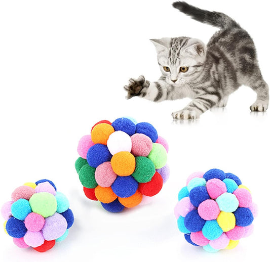 3Pcs Cat Toy Balls with Bell(3 Sizes/Pack),Round Cat Pom Pom Balls Built-In Bell,Colorful Soft Fuzzy Balls for Indoor Interaction, Play,Training and Chewing of Big Cats & Kittens