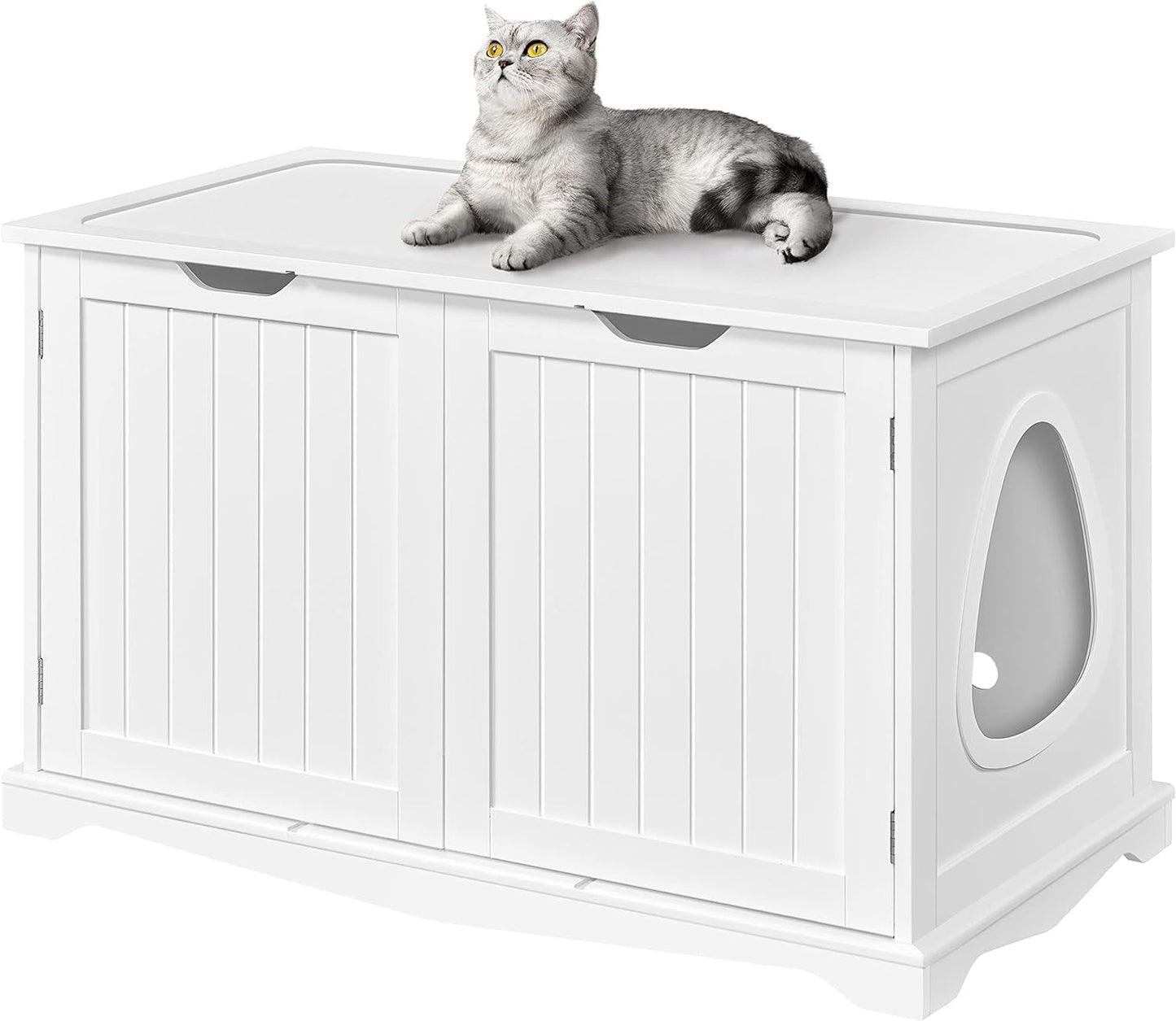 Yaheetech Cat Litter Box Enclosure, Cat Litter Box Furniture Hidden, Wooden Pet Crate Cat Washroom Storage Bench with Divider Home Litter Loo Indoor Cat House White