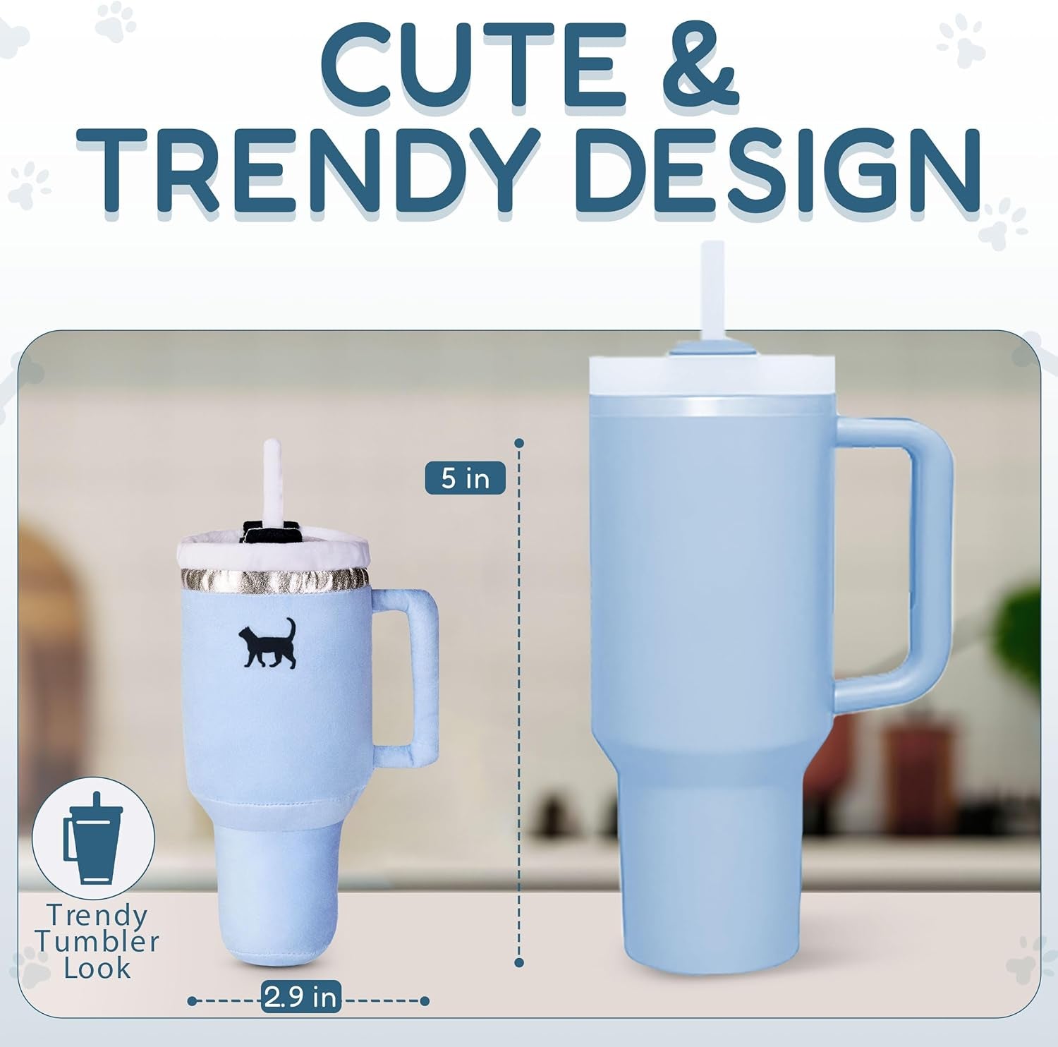 Kitty Kollection | Plush Kitty Cup Tumbler Catnip Toy with Crinkle Paper – Trendy, Cute, Funny Parody Cat Toy (Chambray Blue)