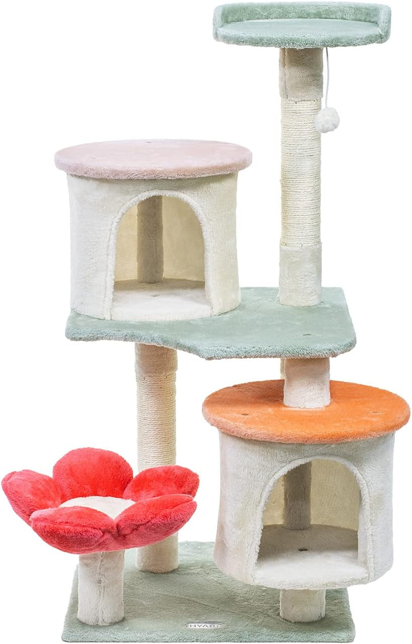 Hyabi 48In Hanging Basket Flower Cat Tree Tower Condo Furniture Apartment Plush Habitat Kitten Amusement Platform with Scratch Posts Toy Ball Pet House Play (Large 48" H)