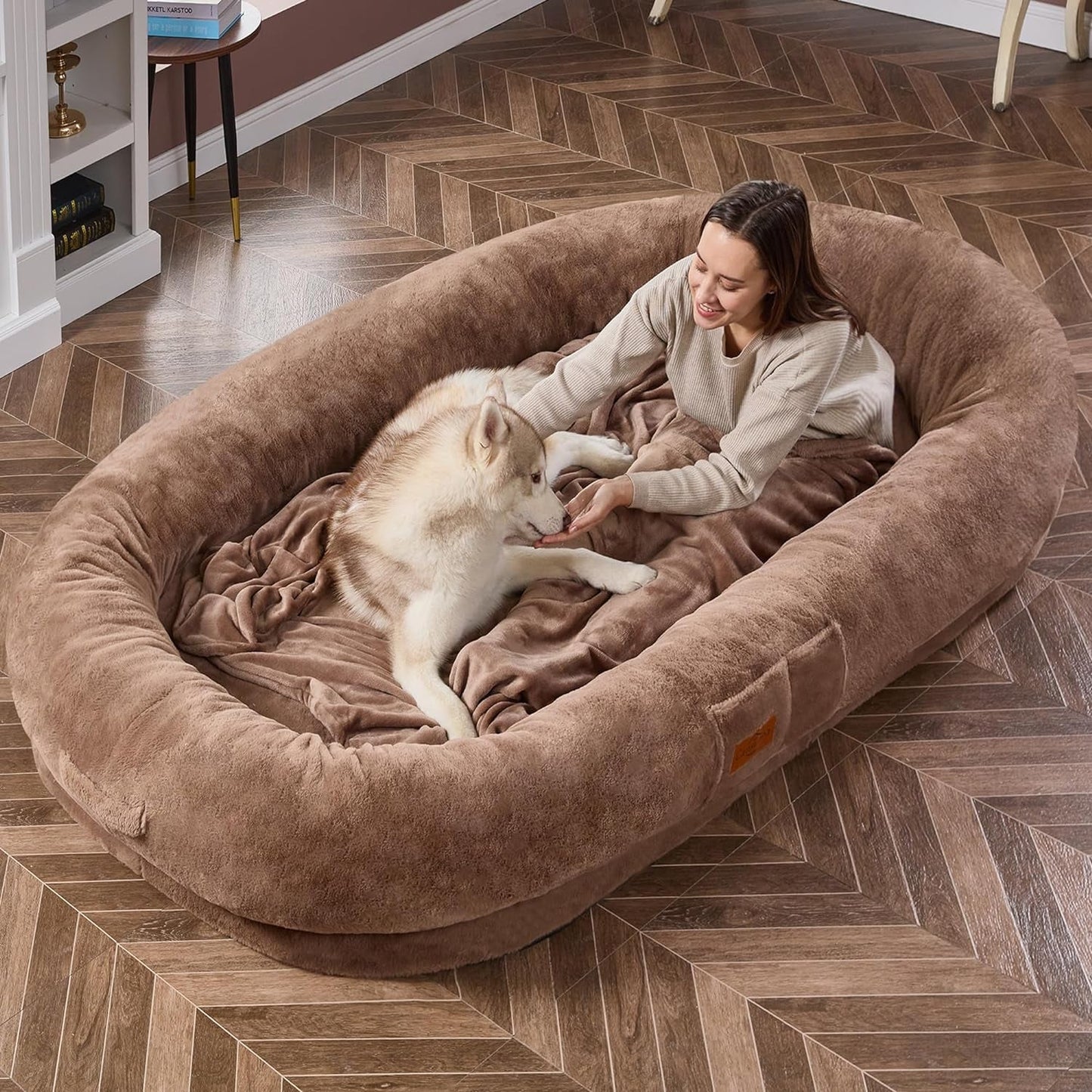 Human Dog Bed Adult Dog Bed Bean Bag Bed for Adults Giant Dog Bed Pet Beds for Large Dogs with Washable Faux Fur Cover Fluffy Dog Beanbeds(Brown)